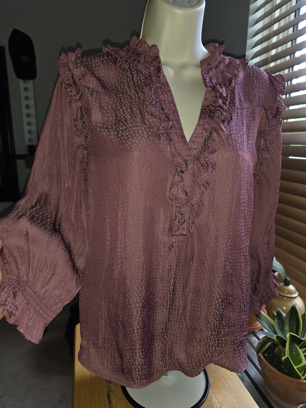 Democracy Mauve Plum Ruffle V-Neck Blouse